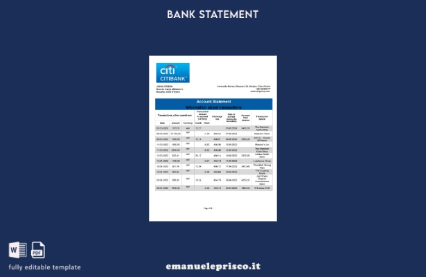 modello word di estratto conto bancario Citibank della Costa d'Avorio in stile v
